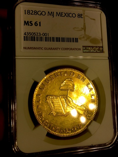 ​MEXICO 1828 GO MJ "FINEST OF ONLY 4 KNOWN!" 8 ESCUDOS NGC 61 PROOF LIKE GOLD COIN 2
