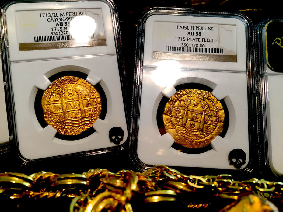 Peru 8 Escudos 1713/2 "1715 Plate Fleet Shipwreck" NGC 58 Pirate Gold Coins