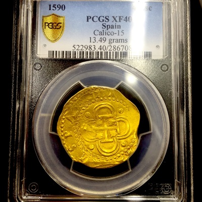 Spain  4 Escudos  1590  "Full 4 Digit Date!"  PCGS 40 Gold Doubloons 7