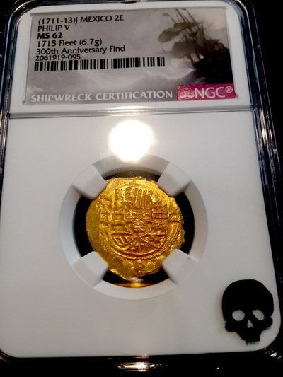 Mexico 2 Escudos 1711-13  "1715 Plate Fleet 300th Anniversary" Gold Cob Doubloon Queen's Dowery! Cross  NGC 63 10