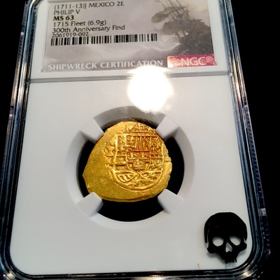Mexico 2 Escudos 1711-13 "1715 Plate Fleet Anniversary" NGC 63 Gold Cob Doubloon 4