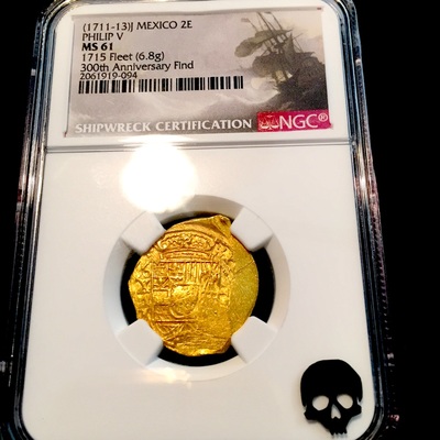 Mexico 2 Escudos 1711-13 "1715 PLATE FLEET SHIPWRECK 300th Anniversary" NGC 61 GOLD COB DOUBLOON QUEEN'S DOWERY! CROSS 3