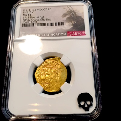 Mexico 2 Escudos 1711-13 "1715 PLATE FLEET SHIPWRECK 300th Anniversary" NGC 61 GOLD COB DOUBLOON QUEEN'S DOWERY! CROSS 11