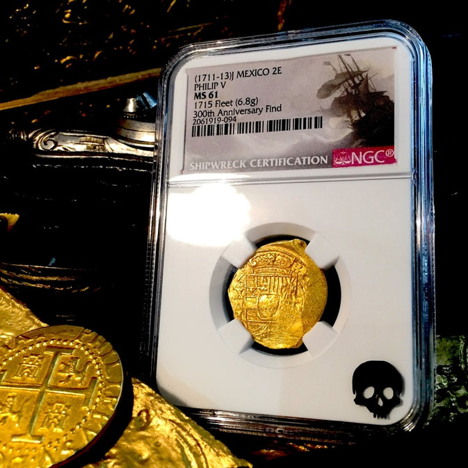 Mexico 2 Escudos 1711-13 "1715 PLATE FLEET SHIPWRECK 300th Anniversary" NGC 61 GOLD COB DOUBLOON QUEEN'S DOWERY! CROSS