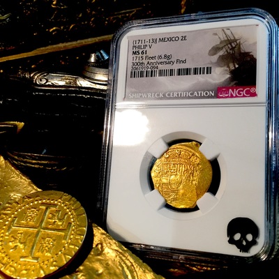 Mexico 2 Escudos 1711-13 "1715 PLATE FLEET SHIPWRECK 300th Anniversary" NGC 61 GOLD COB DOUBLOON QUEEN'S DOWERY! CROSS 10