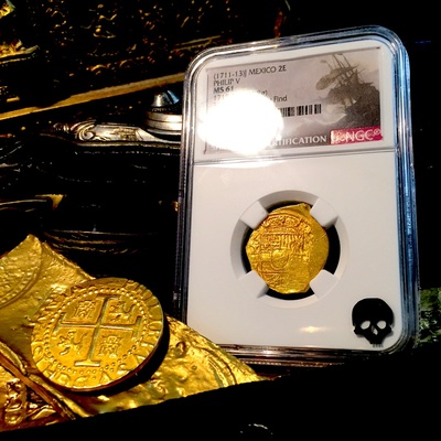 Mexico 2 Escudos 1711-13 "1715 PLATE FLEET SHIPWRECK 300th Anniversary" NGC 61 GOLD COB DOUBLOON QUEEN'S DOWERY! CROSS 7