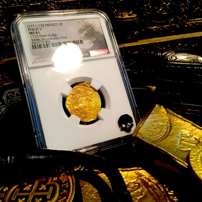 Mexico 2 Escudos 1711-13 "1715 PLATE FLEET SHIPWRECK 300th Anniversary" NGC 61 GOLD COB DOUBLOON QUEEN'S DOWERY! CROSS 9