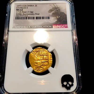 Colombia 2 Escudos "1715 Plate Fleet Shipwreck" 1693 Full 4 Digit Date! Only 1 Known  NGC 62 Mint State! - 300th Anniversary Find 3