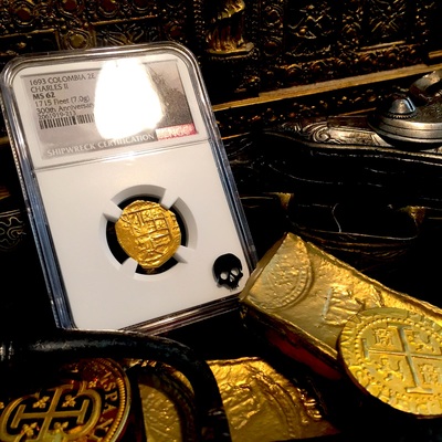 Colombia 2 Escudos "1715 Plate Fleet Shipwreck" 1693 Full 4 Digit Date! Only 1 Known  NGC 62 Mint State! - 300th Anniversary Find 5