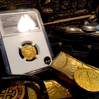 Colombia 2 Escudos "1715 Plate Fleet Shipwreck" 1693 Full 4 Digit Date! Only 1 Known  NGC 62 Mint State! - 300th Anniversary Find 7