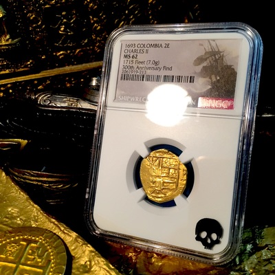 Colombia 2 Escudos "1715 Plate Fleet Shipwreck" 1693 Full 4 Digit Date! Only 1 Known  NGC 62 Mint State! - 300th Anniversary Find 8