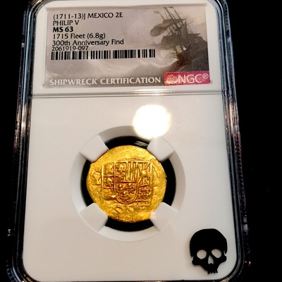 Mexico 2 Escudos 1711-13  Gold Cob Doubloon "1715 Fleet 300th Anniversary" Queen's Dowery! Cross ~ NGC 63 5