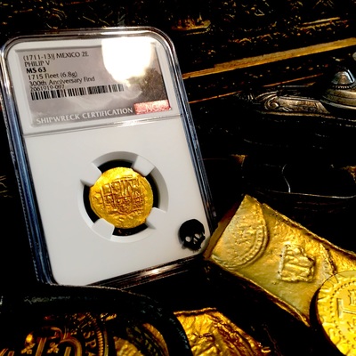 Mexico 2 Escudos 1711-13  Gold Cob Doubloon "1715 Fleet 300th Anniversary" Queen's Dowery! Cross ~ NGC 63 6