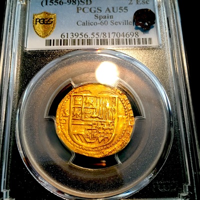 Spain  2 Escudos  1556-98  King Philip II PCGS 55 GOLD COB DOUBLOON 4