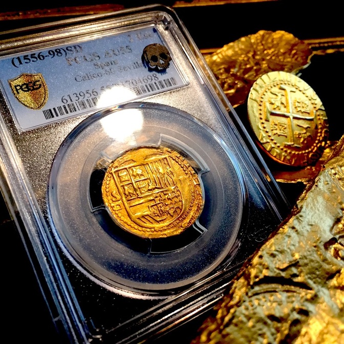 Spain  2 Escudos  1556-98  King Philip II PCGS 55 GOLD COB DOUBLOON