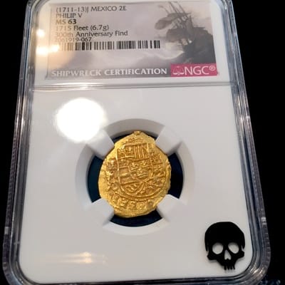 Mexico 2 Escudos 1711-13 "1715 Plate Fleet Shiowreck - 300th Anniversary" NGC 63 10