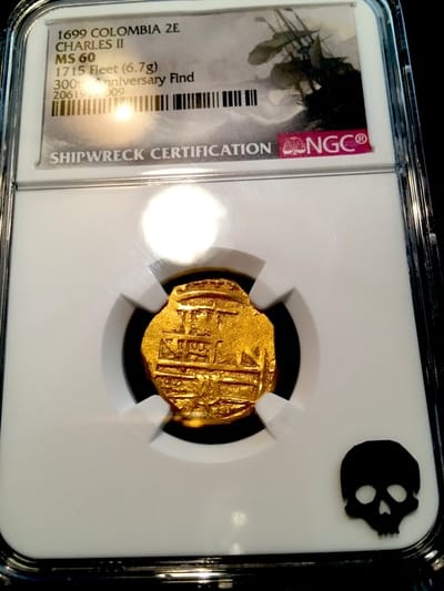 Colombia 2 Escudos 1699 "1715 Plate Fleet Shipwreck- 300th Find"  NGC 60 11