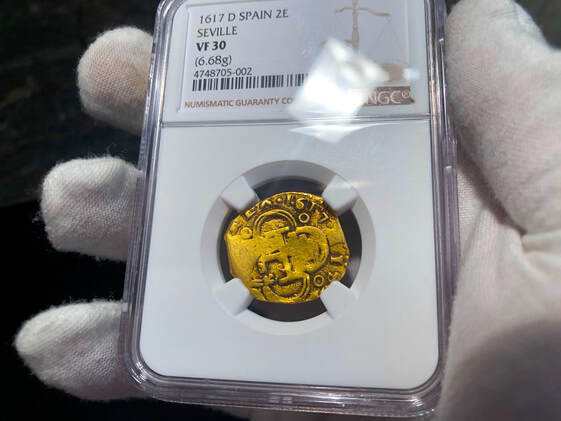 Spain 2 Escudos 1617 "Dated" NGC 30 Pirate Gold Coins Treasure Doubloon Loot