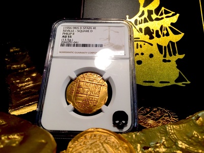 Spain 4 Escudos 1556-98 "Full Crown- Philip II"  NGC 55 4