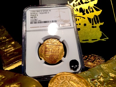 Spain 4 Escudos 1556-98 "Full Crown- Philip II"  NGC 55 5