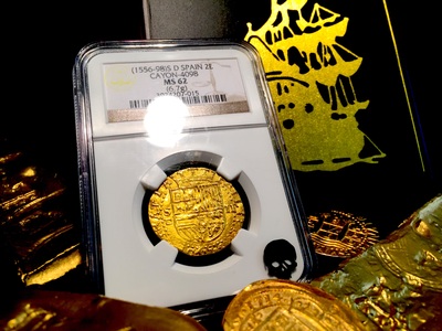 Spain 2 Escudos 1556-98 "Full Crown- Square D to Left"  NGC 62 5