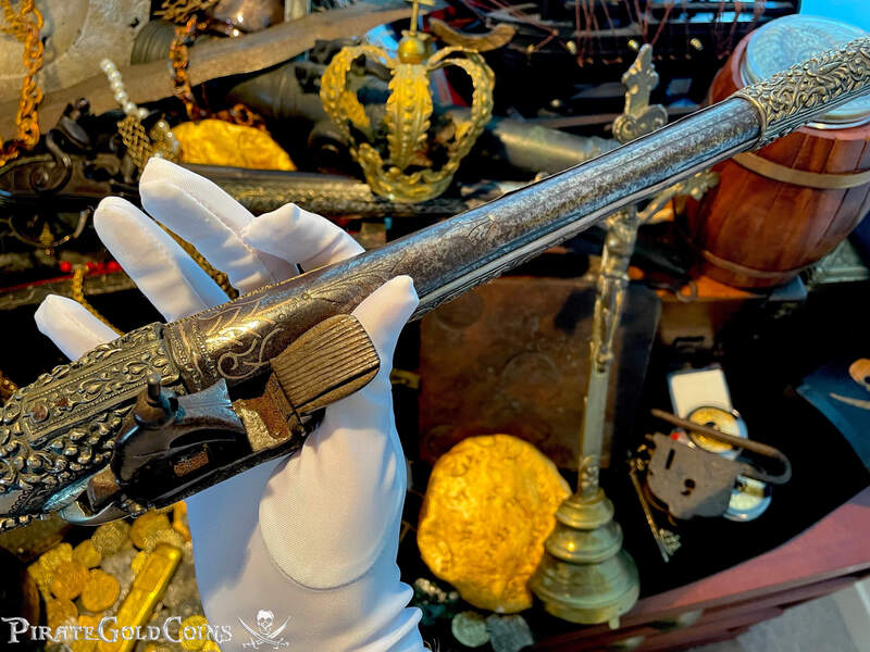 1700's Flintlock Early European Pistol Bejeweled Silver Repousse 3