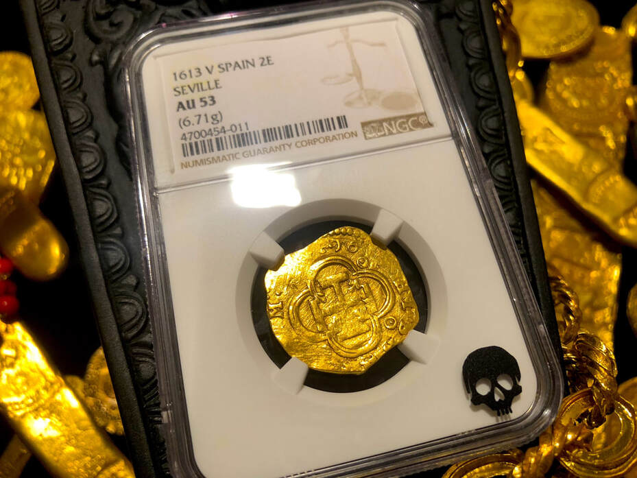 Spain 2 Escudos 1613 "Dated" NGC 53 Pirate Gold Coins Treasure