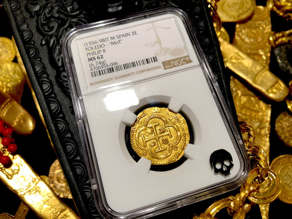 Spain 2 Escudos 1556-98 "Buttery Gold" NGC 62 Pirate Gold Coins Treasure