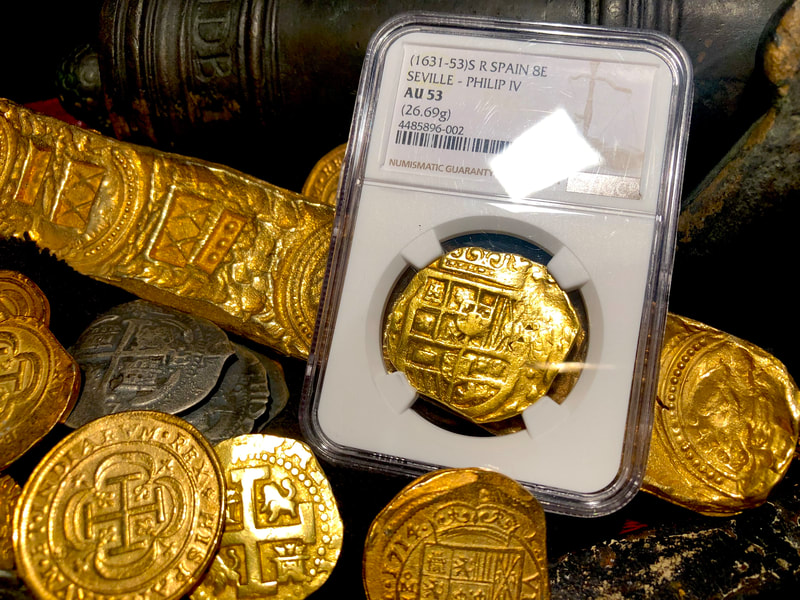 Spain 8 Escudos 1631-53 "Brute Style" NGC 53 Pirate Gold Coins 13