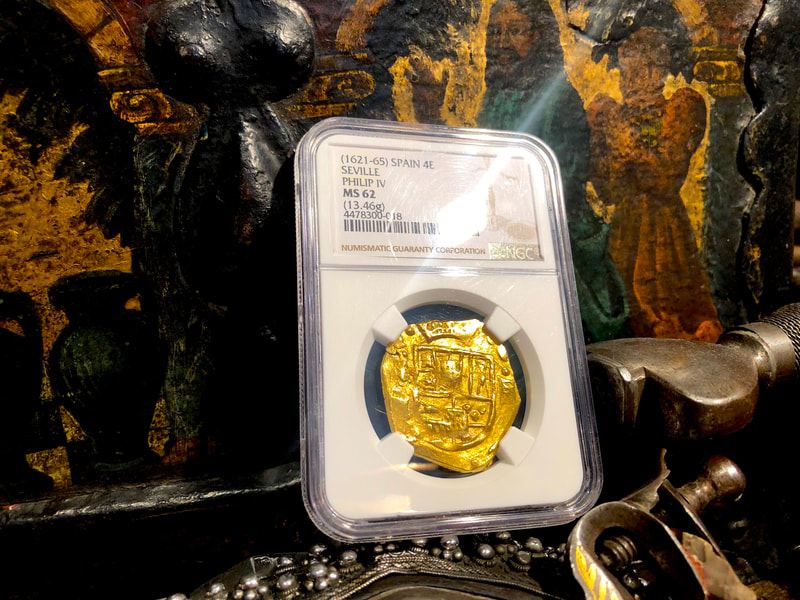 Spain 4 Escudos 1621-65 "Brute Style" NGC 62 Likely Charles II Pirate Gold Coins 4