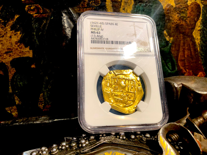 Spain 4 Escudos 1621-65 "Brute Style" NGC 62 Likely Charles II Pirate Gold Coins 5