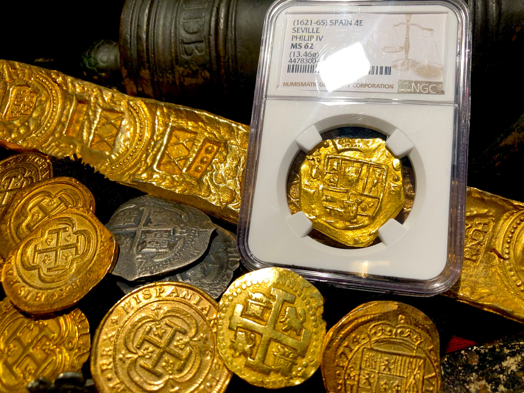 Spain 4 Escudos 1621-65 "Brute Style" NGC 62 Likely Charles II Pirate Gold Coins