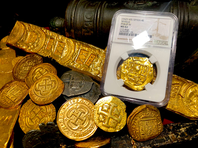 Spain 4 Escudos 1621-65 "Brute Style" NGC 62 Likely Charles II Pirate Gold Coins 12