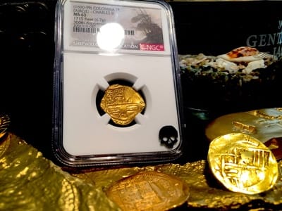 Colombia "Full Error Date" Backwards 6, 9 and 6"  2 Escudos 1696  NGC 63   "1715 Plate Fleet Shipwreck - 300th Anniversary Find" 5