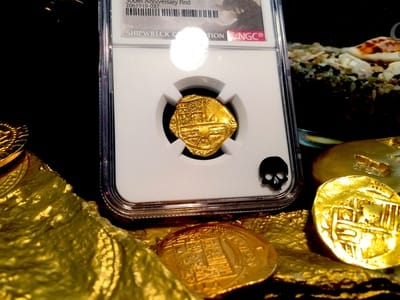 Colombia "Full Error Date" Backwards 6, 9 and 6"  2 Escudos 1696  NGC 63   "1715 Plate Fleet Shipwreck - 300th Anniversary Find" 7