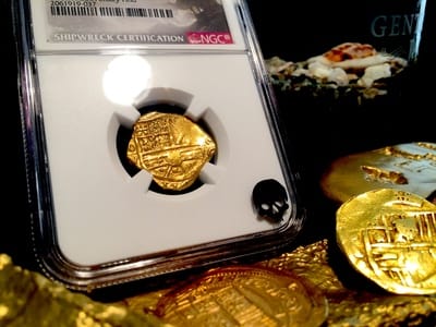 Colombia "Full Error Date" Backwards 6, 9 and 6"  2 Escudos 1696  NGC 63   "1715 Plate Fleet Shipwreck - 300th Anniversary Find" 3