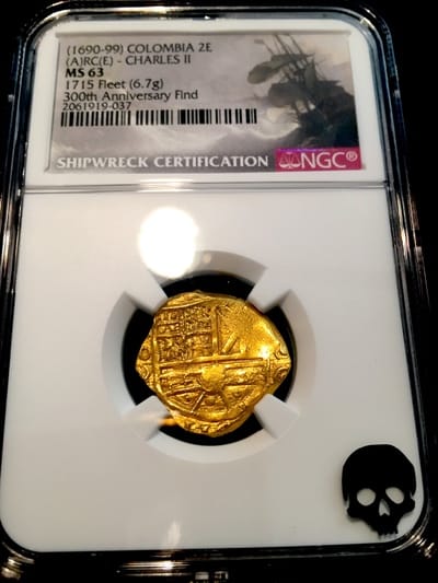 Colombia "Full Error Date" Backwards 6, 9 and 6"  2 Escudos 1696  NGC 63   "1715 Plate Fleet Shipwreck - 300th Anniversary Find" 10