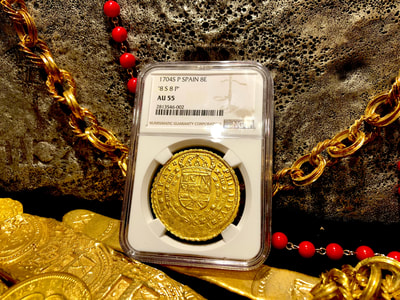 Spain 8 Escudos 1704 "Incredibly Struck Date" NGC 55 5