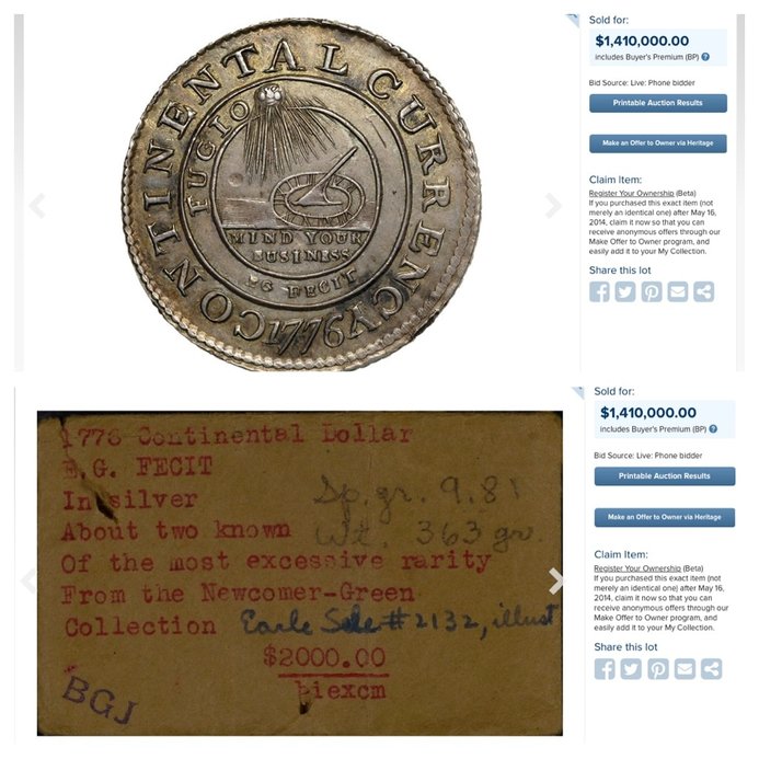 Original receipt showing a coin purchased for $2,000 in 1981 that sold for over $1,400,000