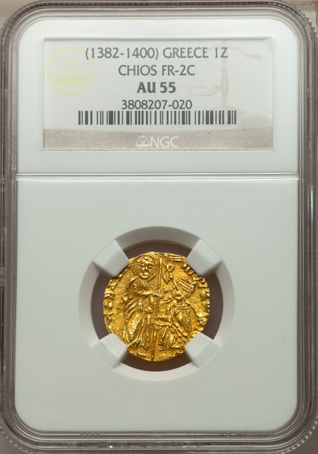 GREECE "JESUS CHRIST" DUCAT 1382-1400 ~ NGC 55 ~