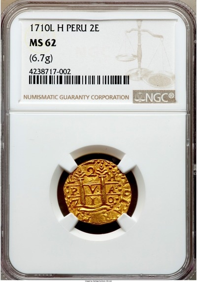 Peru  2 Escudos  1710  "1715 Plate Fleet Shipwreck"  NGC 62  Mel Fisher COA 6
