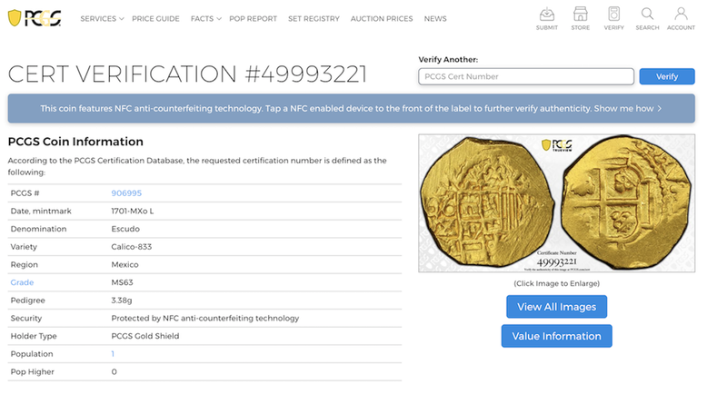Mexico 1 Escudo 1701 "1715 Fleet Shipwreck" PCGS 63 11