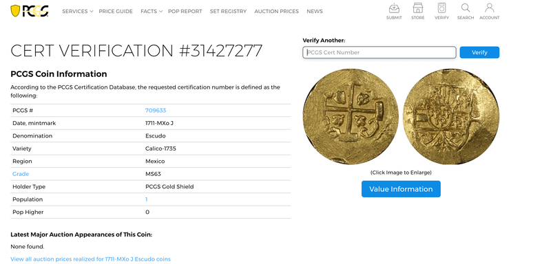 Mexico 1 Escudo 1711 "1715 Fleet Shipwreck" PCGS 63 2