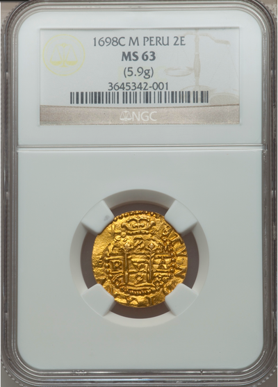 Peru  2 Escudos  1698  "2nd Finest- Royal Like!"  Lima Cut  NGC 63 6