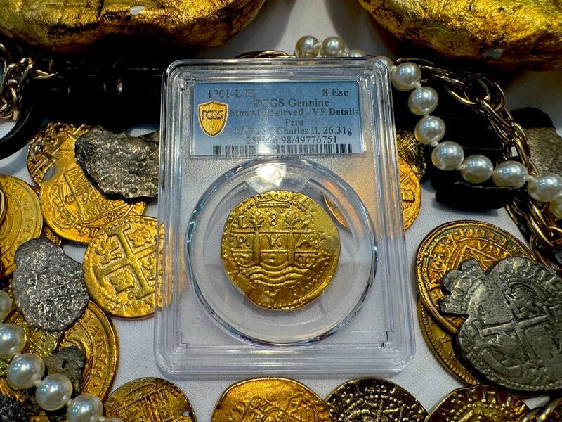 Peru 8 Escudos 1701 "Charles II - 1715 Fleet Shipwreck" PCGS UNC