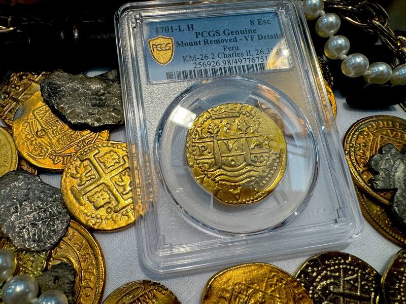 Peru 8 Escudos 1701 "Charles II - 1715 Fleet Shipwreck" PCGS UNC 11