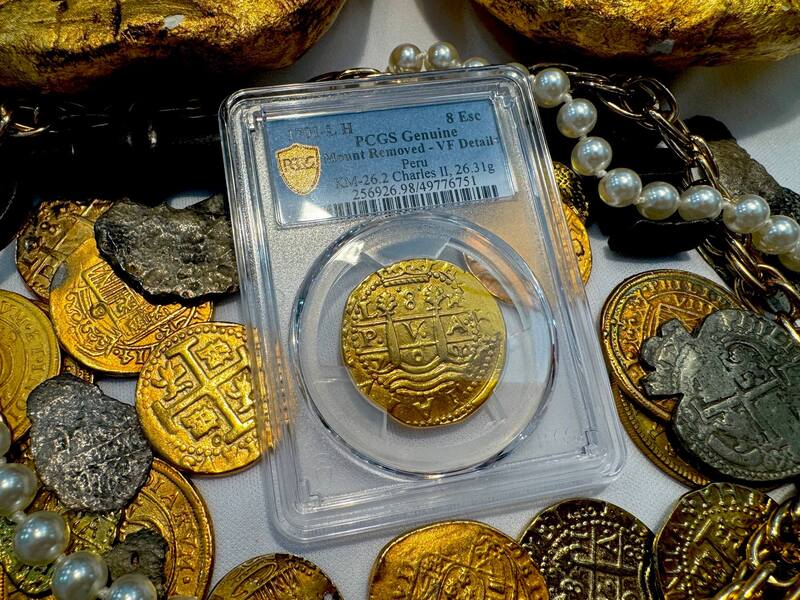 Peru 8 Escudos 1701 "Charles II - 1715 Fleet Shipwreck" PCGS UNC 12