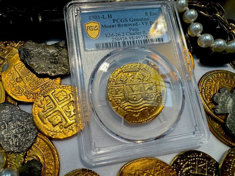 Peru 8 Escudos 1701 "Charles II - 1715 Fleet Shipwreck" PCGS UNC 13