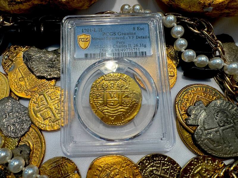 Peru 8 Escudos 1701 "Charles II - 1715 Fleet Shipwreck" PCGS UNC 14