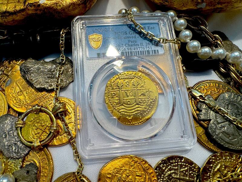 Peru 8 Escudos 1701 "Charles II - 1715 Fleet Shipwreck" PCGS UNC 4